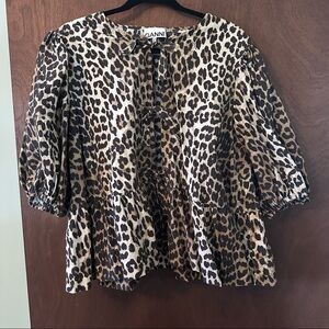 Ganni leopard cotton poplin peplum tie blouse, size 20.